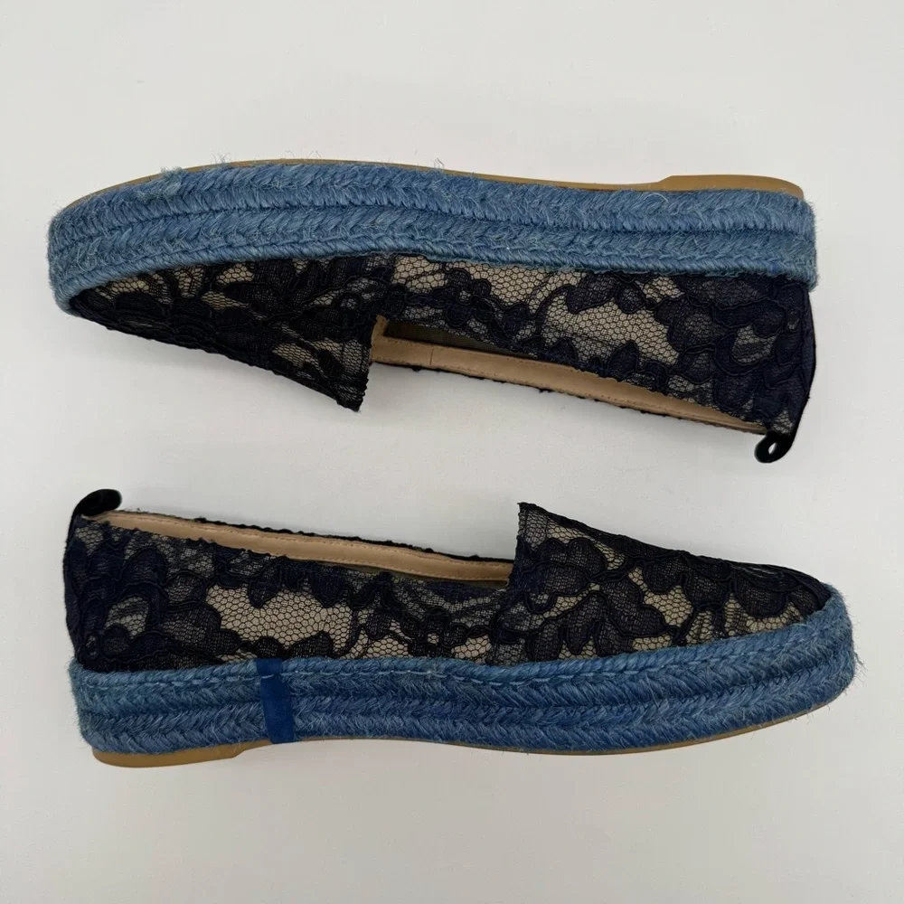 Stuart Weitzman Meshuga Navy Blue Floral Lace Espadrille Flats Size 5.5-6